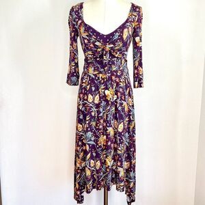 Maeve Anthropologie Purple Dress with Orange and Blue Floral Handkerchief Skirt